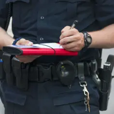 Policjant spisuje mandat, być może według taryfikatora mandatów 2025. Na pasie ma kaburę z bronią i kajdanki.
