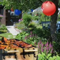 Mięso na grillu, idealne na letnie przyjęcie. W tle ogród z kwiatami i balonami. Co kupić na grilla? Na pewno takie pyszności!