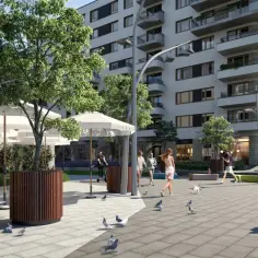 Nowe inwestycje Poznań: nowoczesne osiedle z kawiarnią i zielenią, gdzie ludzie spacerują i odpoczywają.
