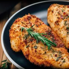 Dwa soczyste **piersi z kurczaka air fryer**, przyprawione ziołami i podane z gałązką rozmarynu.