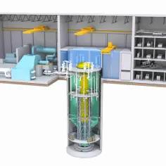 Przekrój reaktora BWRX-300: pionowy rdzeń z żółtym elementem, otoczony zieloną osłoną, w niebieskim basenie. Obok turbina i pomieszczenia techniczne.