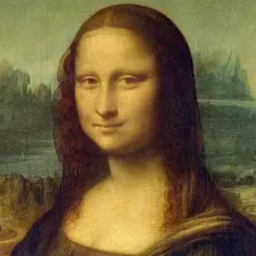 Mona Lisa, uśmiechnięta postać z tajemniczym spojrzeniem, na tle krajobrazu pełnego symbolizmu.