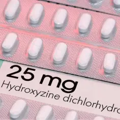 Blistry z tabletkami Hydroxyzine 25 mg. Lek na receptę, który pomaga złagodzić objawy alergii i niepokoju.