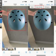 Jak połączyć dwa zdjęcia iPhone? Na ekranie widać edycję zdjęcia kasku, z opcją dodania naklejki.