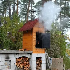 Dym unosi się z drewnianej wędzarni ogrodowej, pokazując, jak zbudować wędzarnię. Widać stosy drewna i wiszące kiełbasy.