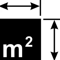 Grafika pokazuje, jak obliczyć metry kwadratowe pomieszczenia. Strzałki wskazują wymiary, a symbol m² oznacza pole powierzchni.
