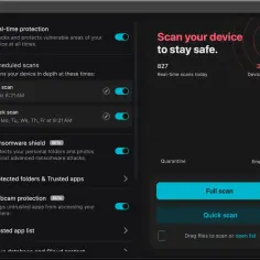 Interfejs programu antywirusowego z opcjami skanowania: pełne, szybkie, ochrona przed ransomware. Ostatnie skanowanie 383 dni temu.