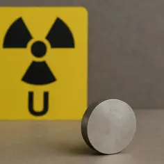 Symbol promieniowania i metalowy krążek symbolizują wzbogacanie uranu.