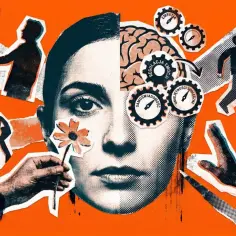 Kolaż symbolizujący wysoką inteligencję emocjonalną: twarz, mózg z trybikami (empatia, regulacja emocji, samoświadomość, umiejętności społeczne) i sylwetki ludzi w interakcjach.
