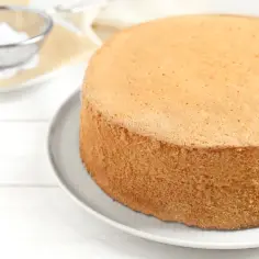 Idealny biszkopt, puszysty i lekki, świadczy o właściwej temperaturze pieczenia. W tle sitko z cukrem pudrem.