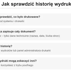 Sekcja FAQ z pytaniami o historię wydruków i ikoną drukarki.
