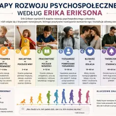 Etapy rozwoju psychospołecznego wg Erika Eriksona: od ufności do integralności. Każdy etap to wyzwanie kształtujące osobowość.