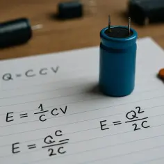 Formuły opisujące wzór na pojemność kondensatora i jego energię. Obok leżą różne kondensatory.