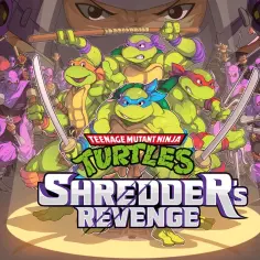 Cztery żółwie ninja w akcji, otoczeni przez armię fioletowych wojowników. Tytuł gry "Teenage Mutant Ninja Turtles: Shredder's Revenge" w centrum.