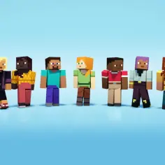 Grupa postaci z gry Minecraft, w tym Alex, Steve i inni, stoją w rzędzie na niebieskim tle.
