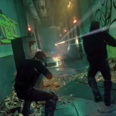 Dwóch graczy w mrocznym korytarzu, strzelających do wrogów. Intensywna akcja w stylu extraction shooter.
