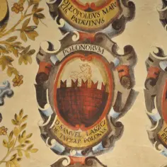 Ornamental painting z herbami, symbolizującymi **humanizm renesansowy** i pochodzenie rodów.
