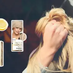Balejaż na krótkich włosach w stylu blond. Cytryny i kosmetyki do rozjaśniania włosów.