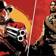 Dwóch groźnych rewolwerowców z Red Dead Redemption 2. Jeden celuje z dubeltówki, drugi trzyma list gończy.