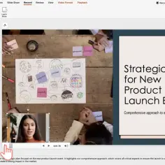 Miniatura prezentacji PowerPoint z widokiem slajdów po lewej i podglądem slajdu z tekstem "Strategic Plan for New Product Launch Event" po prawej.