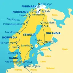 Mapa tras turystycznych przez skandynawia kraje: Norwegię, Szwecję, Finlandię, Danię, z zaznaczonymi miastami i regionami.