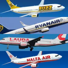 Cztery samoloty: Buzz, Ryanair, Lauda i MALTA AIR na tle nieba.