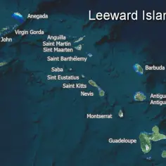 Wielkie Antyle widziane z kosmosu. Mapa ukazuje archipelag Wysp Nawietrznych, w tym Brytyjskie i Amerykańskie Wyspy Dziewicze, Anguillę, Saint Martin, Saint Barthélemy, Saba, Sint Eustatius, Saint Kitts, Nevis, Montserrat, Antiguę i Barbudę, Gwadelupę ...