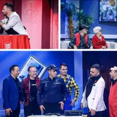 Kabaret Moralnego Niepokoju: kłótnia małżeńska na scenie. W tle inni artyści w różnych strojach, w tym policjant i postacie w maskach.