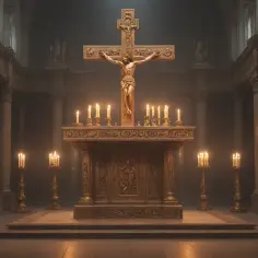 Wnętrze kościoła z ołtarzem i krucyfiksem, otoczone płonącymi świecami.