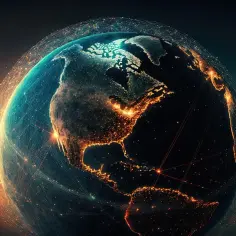 Ziemia nocą, rozświetlona miastami i połączona siecią światłowodów, symbolizująca globalny fintech.