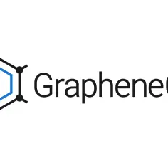 Logo GrapheneOS: sześciokąt z czarnymi kropkami i niebieskim obramowaniem, obok napis GrapheneOS.
