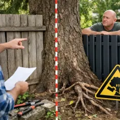 Mężczyźni ustalają maksymalną wysokość drzew przy granicy działki. Obok znak ostrzegawczy o wycince drzew.