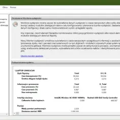 Jak sprawdzić monitor w komputerze? Widok narzędzia Monitor wydajności systemu Windows, pokazujący podsumowanie zasobów: dysku, procesora, sieci i pamięci.