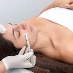 Zabieg dermaplaningu twarzy, podczas którego kosmetyczka delikatnie usuwa martwy naskórek i włoski skalpelem.