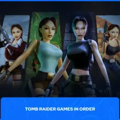 Lara Croft w różnych odsłonach, od klasycznych po nowsze, prezentuje chronologię gier Tomb Raider.