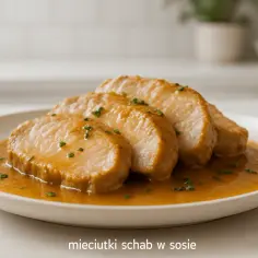 Cztery plastry mięciutkiego schabu w aromatycznym sosie, posypane szczypiorkiem, na białym talerzu.