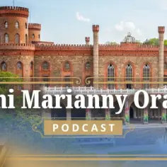 Portret Marianny Orańskiej obok zamku. Podcast "Śladami Marianny Orańskiej" odkrywa ciekawostki o jej życiu i posiadłościach.