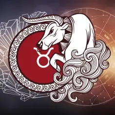 Symbol byka z horoskopem i kryształami. Ascendent w byku symbolizuje siłę i stabilność.