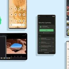 Logo android 13 i ekrany smartfonów i tabletu z funkcjami bezpieczeństwa, prywatności i języka.