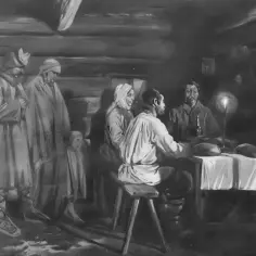 Scena z "Dziadów" Mickiewicza. Ludzie w tradycyjnych strojach zebrani w izbie, przy stole płonie świeca. Kto napisał "Dziady"? Adam Mickiewicz.