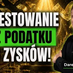 Mężczyzna z rękami skrzyżowanymi na piersi, na tle spadających banknotów i monet. Napis "Inwestowanie bez podatku od zysków!" sugeruje zmiany w podatku Belki.