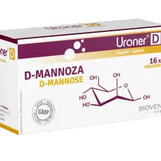 Opakowanie Uroner D z D-mannozą, zawiera 16 saszetek. Widoczny wzór chemiczny D-mannozy.