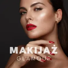 Kobieta z idealnym makijażem glamour: czerwone usta, złote cienie do powiek, perfekcyjne paznokcie.