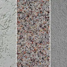 Trzy rodzaje struktury elewacyjnej: jasna, chropowata z wgłębieniami; mozaikowa z kolorowego drobnego kamienia; szara, drobnoziarnista.