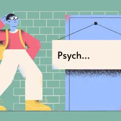 Zastanawiasz się, czym się różni psycholog od psychiatry? Postać z plecakiem przed drzwiami z napisem "Psych..." szuka odpowiedzi.