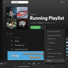 Ekran Spotify z playlistą "Running Playlist" i menu udostępniania.