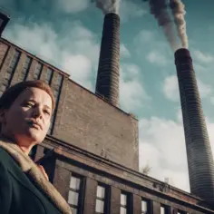 Kobieta w płaszczu przed fabryką z kominami. Czy to scena z serialu "Ołowiane dzieci ile odcinków"?