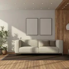 Nowoczesny salon z sofą, pufą i lampą. Ściana ozdobiona panelami dekoracyjnymi mdf w pionowe deski.