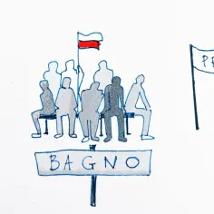 Rysunek przedstawia grupę ludzi siedzących między banerami "Lewica" i "Prawica", z tabliczką "Bagna".