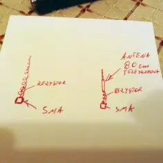 Schemat anteny teleskopowej 80 cm z rezystorem i złączem SMA. Pomocne przy sprawdzaniu sygnału antenowego.